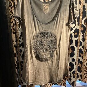 Edgy Skull Embroidered Tunic in Army Green